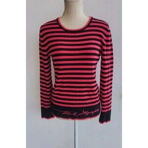 Karl Lagerfeld Paris Women's Hot Pink And Black Striped Crew Neck Sweater Size L